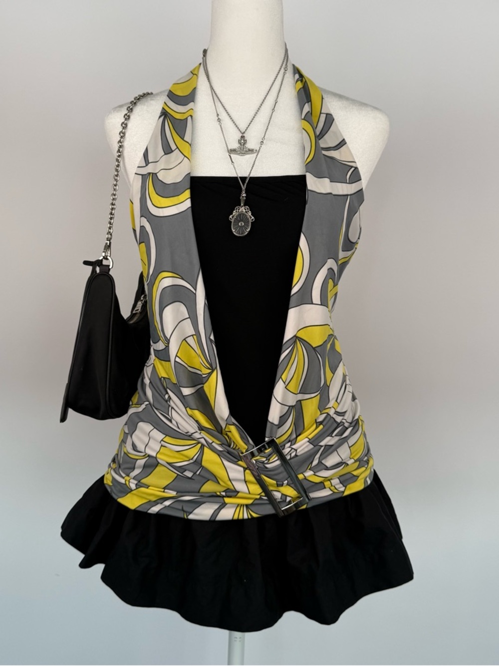 Vintage Yellow Gray Patterned Halter Top